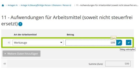 Screenshot aus elster.de: Eingabe der Werbungskosten in Anlage N