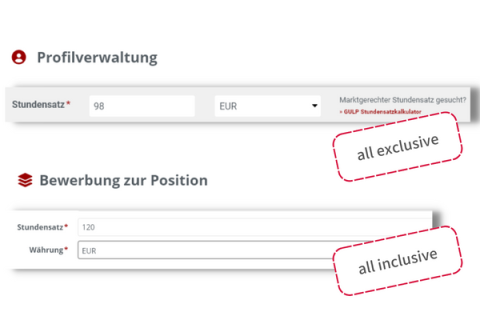 In Ihrem GULP Profil geben Sie Ihren All-exclusive-Stundensatz an, bei einer Projektbewerbung Ihren All-inclusive-Stundensatz
